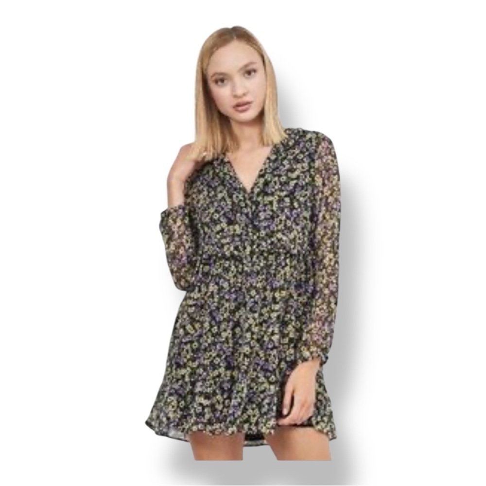 Zara Women’s Sheer Baby Doll A-Line Mini Dress Long Sleeve Floral Tie Waist M